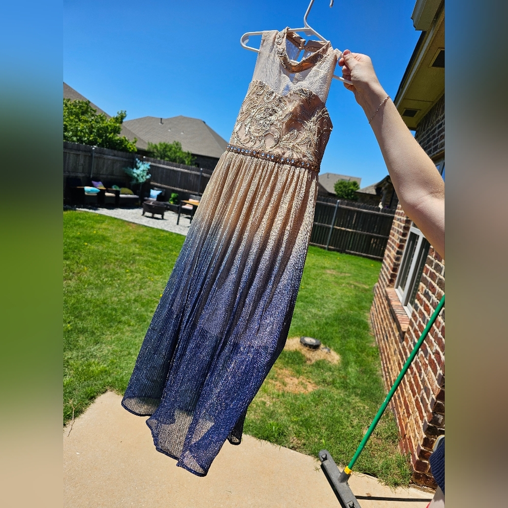 Cream and Blue Pleated Halter Sundress for Prom